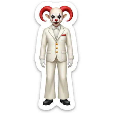 full-body demonic clown in a white leisure suit with bellbottom pants, bald, black ram horns, wearing elevator shoes sticker