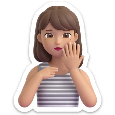 cartoon emoji of a stylish woman wearing a sleeveless grey-and-white striped dress, straight brown hair with bangs, one hand touching her face, neutral or confident expression, compact and simplified, colorful, smooth, minimal white or transparent background sticker