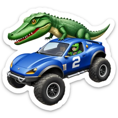 Dirty Joke’s Midnight-blue Local Motors Rally Fighter off road race car being driven by an alligator, sitting in the driver’s seat, over a dirt ramp  sticker