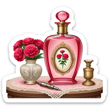 An ornate glass perfume bottle in Petal Pink with a vintage atomizer rests on an antique lace-covered table. Vibrant Strawberry Red carnations spill from a porcelain vase nearby, their fragrance mingling with the soft floral scent of the perfume.  sticker