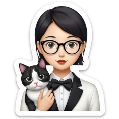 asian girl with glasses holding a tuxedo cat with a black spot on chin sticker