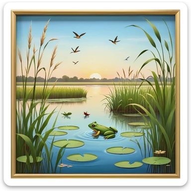 Cinematic Realistic Wetlands Emoji in a wooden frame, Peaceful and serene, with tall grasses swaying in the breeze and soft, muddy waters reflecting the sky above. Small birds and insects flit among the reeds while lily pads float lazily across the surface, punctuated by the occasional croak of a frog or splash of a fish. Soft glowing outline, capturing the essence of a calm, tranquil wetland brimming with life and natural beauty. sticker