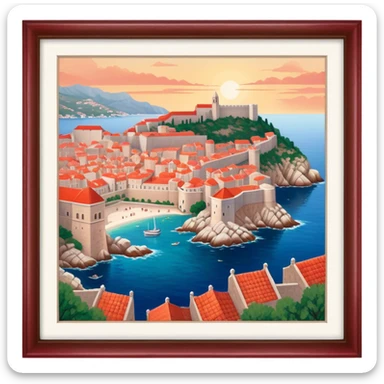 Cinematic Realistic Dubrovnik Landmark Emoji, depicted with historic fortified walls and red‚Äêtiled roofs rendered with intricate detail and dynamic, coastal lighting. sticker