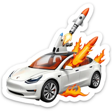 Tesla model 3 white. Two rockets mounted on roof flame backwards sticker