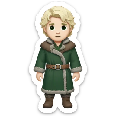 Medieval winter outfit worn by a DnD themed fantasy male character. Double-layered forest green wool tunic with bear fur lining, decorated with pewter toggle closures and a thick woven belt. Clothes only above the waist, full waist coverage. The character has no arms. Character is white-skinned with pale blonde hair, steel gray eyes, and medium-length wavy hair with frost-tipped ends sticker