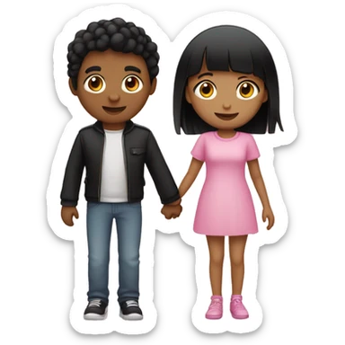 Emoji of a tan girl with black hair wearing pink and a fair skin boy with black hair wearing black holding hands sticker
