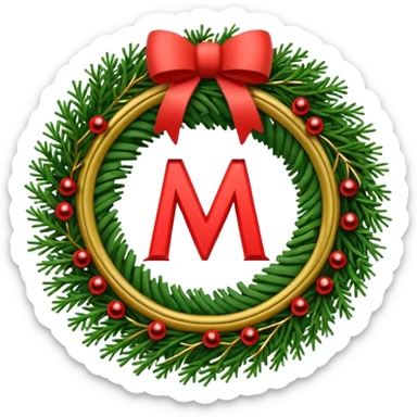 3D emoii of the iconic Moscow Metro "M" logo, reimagined as a Christmas wreath. Made of green pine needles, decorated with small red ornaments and glowing golden LED sticker