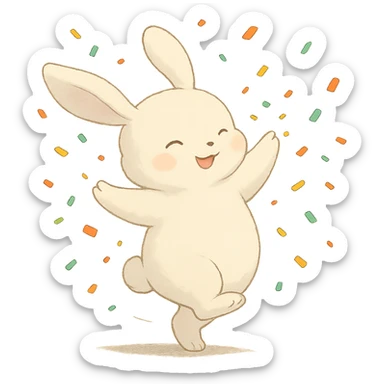 cotton bunny throwing confetti and spinning, full body, clean and polished, no imperfections, soft Ghibli style sticker