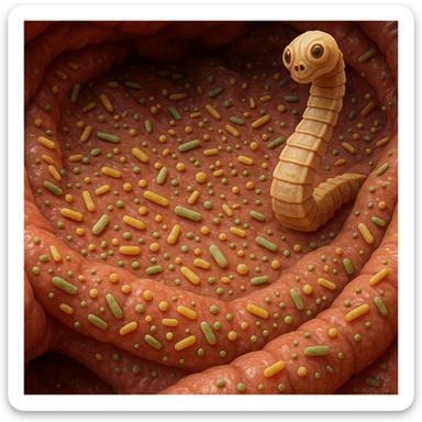 a medical illustration of a human realistic gut with bacteria and parasyte (tenia) realistic 4k real   sticker
