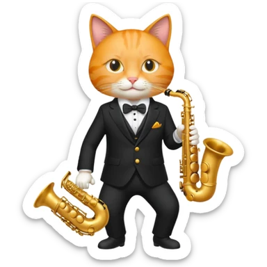 orange cat play gold saxophone, wear black suit sticker