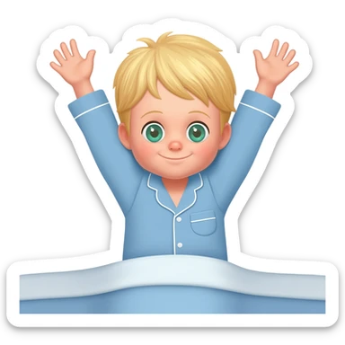 Use the same 3 year old blonde boy with green-blueish eyes same as before  happy with plain blue pajamas raising both arms up, on the bed sticker