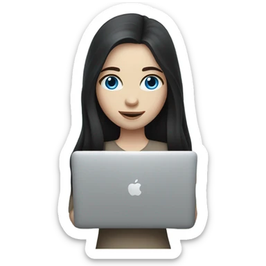 A girl with pale skin, blue eyes and dark long hair holding MacBook  sticker