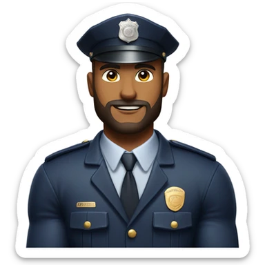 A muscular handsome bodybuilder wearing full police uniform with beard sticker