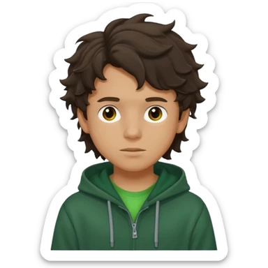a 14 year old slightly tanned teenage boy with dark brown tousled wavy hair, wearing a green tshirt, with a dark green hoodie overcoat sticker