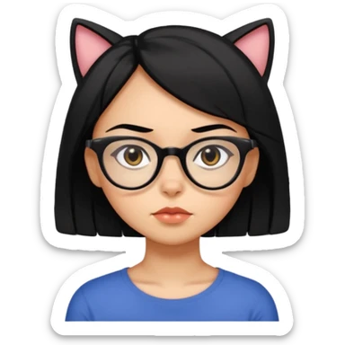 crie emojis de uma garota com cabelo médio um pouco abaixo do ombro e preto, óculos pretos no formato gatinho, boca média, olhos gastando sticker