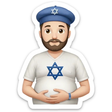 Pregnant Jewish man facing left with hands on belly, wearing a kippah and Star of David necklace, with facial hair sticker