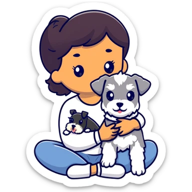 Black girl with short bangs holding a white schnauzer puppy sticker