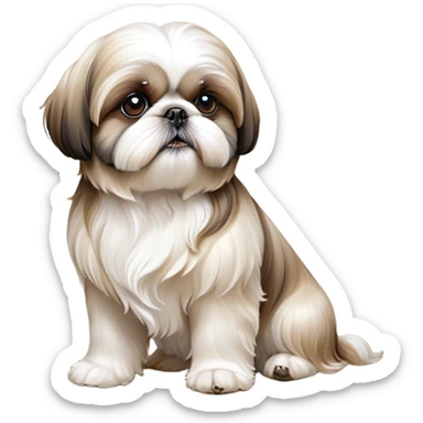 Cinematic Noble Shih Tzu Portrait Emoji, Poised and elegant, with a luxurious, flowing fur in refined muted tones, delicate features and wise, gentle eyes, simplified yet meticulously detailed, glowing with a soft, regal radiance, high shine, exuding quiet dignity and timeless charm, soft glowing outline, capturing the essence of a noble Shih Tzu that epitomizes refined poise! sticker