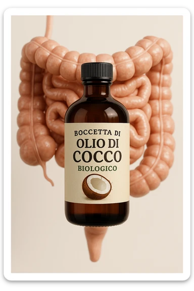 BOCCETTA DI OLIO DI COCCO BIOLOGICO (FAI UN ETICHETTA SUL PRODOTTO IN ITALIANO) CHE FLUTTUA IN ARIA DAVANTI A UN INTESTINO UMANO ANATOMICO IN PERFETTA SALUTE, SFONDO CHIARO, iperrealistico 4k sticker