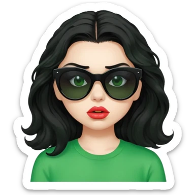 current charli xcx with her long black wavy hair, thick black-out sunglasses that hide her eyes completely, pale skin, pouting closed lips, and a bright green top that said 'brat' in the brat font. sticker