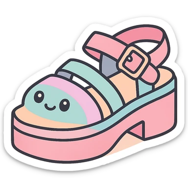 Transform these primarily black kawaii gothic shoes with pink and pastel accents, silver studs and chains, into platform sandals, no socks, no hearts, transparent background sticker
