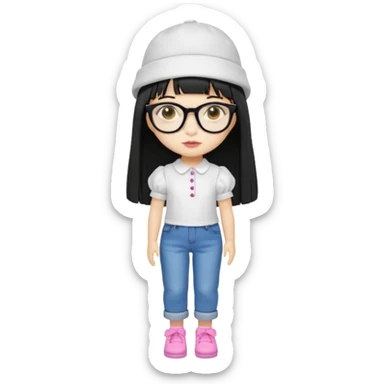 A yellow-skinned girl with long straight black hair, flat bangs, black frame glasses, a white puffy sleeve doll shirt, blue jeans and pink shoes, and a black painter's hat. sticker