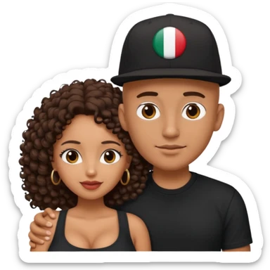 A picture of a tanned couple embracing. the guy is Mexican, with a bald hair cut and he has a SnapBack hat on. The girl is mixed, the girl is wearing a black shirt, the girl has brown curly big hair and the girl has big boobs  sticker
