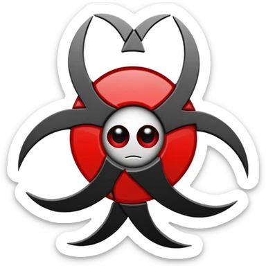 Minimalist emoji-style sticker of a fractured biohazard symbol with a small eye in the center. Stylized, geometric, no text.
 sticker