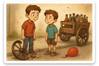 g'ildiragi singan ichimliklar ortilgan arava bir baloni singan uni yonida aka uka havotirli nigoh bilan bir biriga qarab turishibdi sticker