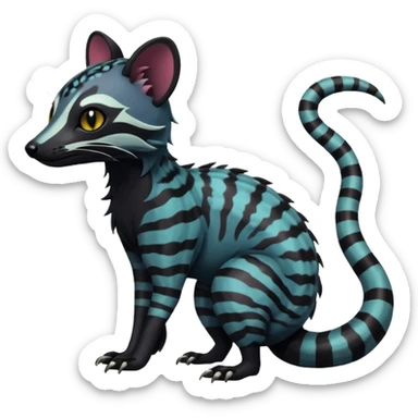 Rare warm-colored exotic edgy epic aesthetic gloomy spooky dark modern colorful cyber-Genet-Trico-Salandit-Civet-species-Fakemon-hybrid-creature, with beautiful intricate markings, full body sticker