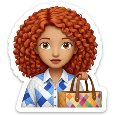 a pretty tan indian bratz girl with curly red hair, wearing an oversized patchwork white shirt, carrying a tote bag sticker