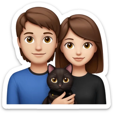 pretty girl with brown hair and makeup holding a black cat standing next to her boyfriend with light skin and brown hair, emoji style sticker