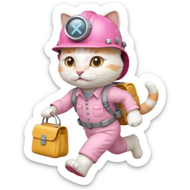 A cute white and pink cat dressed as engineer with a  a white helmet running fast carrying her cute  bag sticker