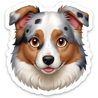 Cinematic Cute Calico Australian Shepherd Portrait Emoji, Head tilted playfully and inquisitively, predominantly white coat with patches of black, tan, and red calico merle markings, round, sparkling blue eyes filled with curiosity, Simplified yet irresistibly adorable features, highly detailed, glowing with a warm, friendly glow, high shine, affectionate and lively, stylized with a touch of whimsy, bright and endearing, soft glowing outline, capturing the essence of a mischievous yet loving pup, so playful it feels like it could bound out of the screen and into your arms! sticker