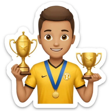 happy soccer player with a first-place medal and a trophy in yellow t-shirts sticker
