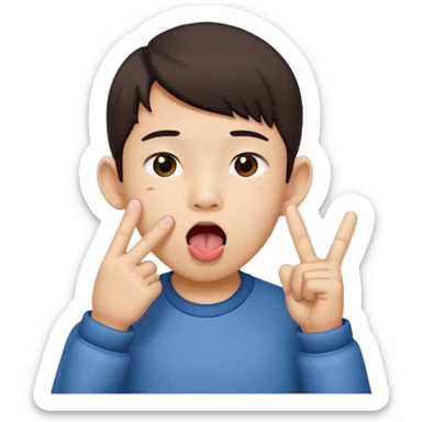 a boy with asian eyes holding his ears with 2 fingers and with his tongue out sticker