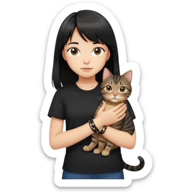 A girl with black long hair and middle-parted bangs, wearing a black short-sleeved shirt, a brown bracelet on her right wrist, white skin, holding a tabby cat, the cat is standing upright sticker