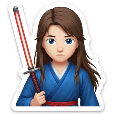 A 14 year old with red glowing katana and his hair be long and eye colour of blue  sticker