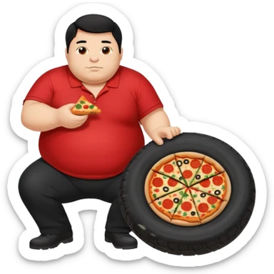 Fat guy with black hair changing a tire and eating pizza in a red polo and black pants sticker