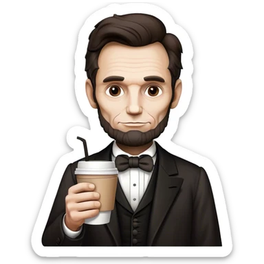 A simplified line drawing of Abraham Lincoln holding a to-go coffee cup sticker