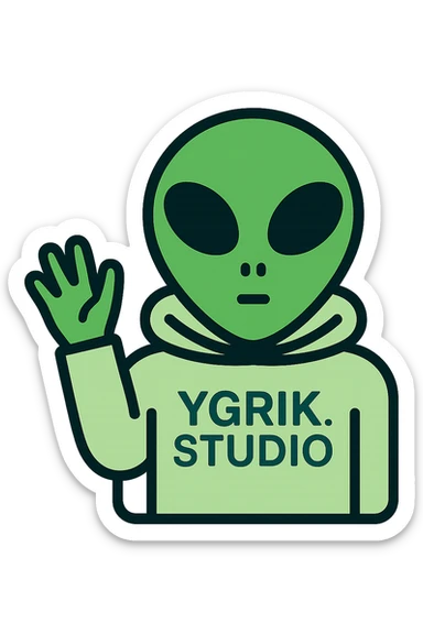A green alien with big black eyes and a small nose, wearing a light green hoodie with the word 'YGRIK.STUDIO' on it, in icon color outlined style. The alien is greeting and waving. sticker