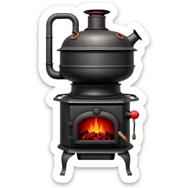 Vintage pot-belly coal stove from early 1900s with chimney pipe, rustic black iron with red glowing coals inside sticker