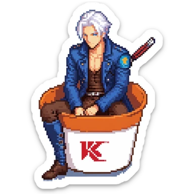 Vergil from Devil May Cry sitting in a KFC bucket, blue coat, white hair, katana sticker