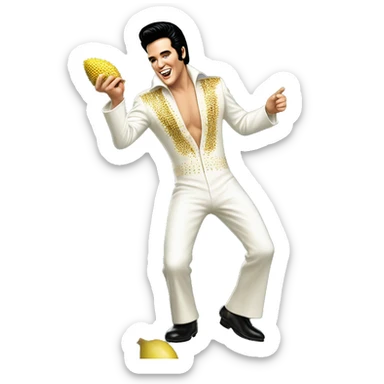 A smiling Elvis Presley wearing a white and gold jumpsuit with black shoes in a dancing pose, A hand holding a large durian sticker