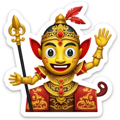 Cinematic Realistic Wayang Kulit Pop Culture Emoji, featuring a vibrant shadow-puppet theatre scene rendered with dynamic textures and artistic, traditional lighting. sticker
