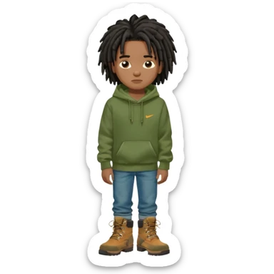 African American boy with short black dreadlocks wearing a green Nike hoodie wearing denim skinny jeans and timberland boots with his hands folded sticker