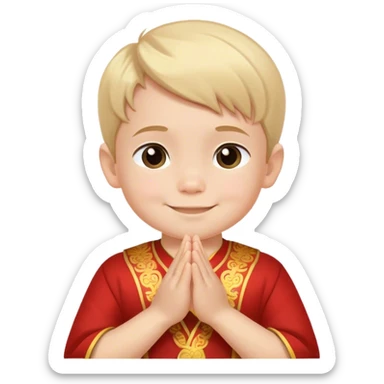 Cute 5-year-old fair-skinned boy, hands clasped together in Thai style, looking at the camera and smiling slightly sticker