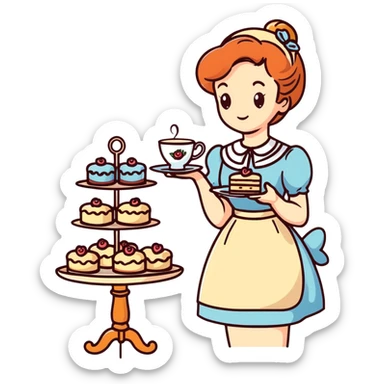Charming British girl in vintage dress having afternoon tea with fancy teacup, scones and cake stand sticker