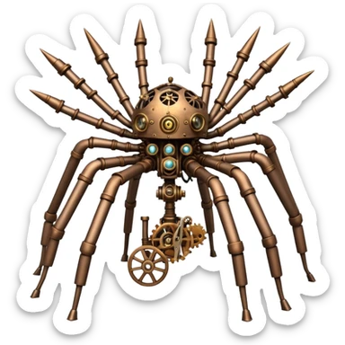 Eight Legged mechanical walking machine made of steel with people riding aboard. Is very steampunk sticker