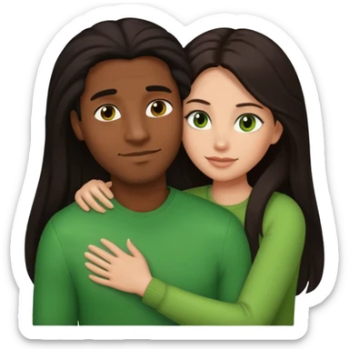 black man with brown eyes and woman with long dark hair, green eyes, and light skin in a warm hug, emoji style sticker